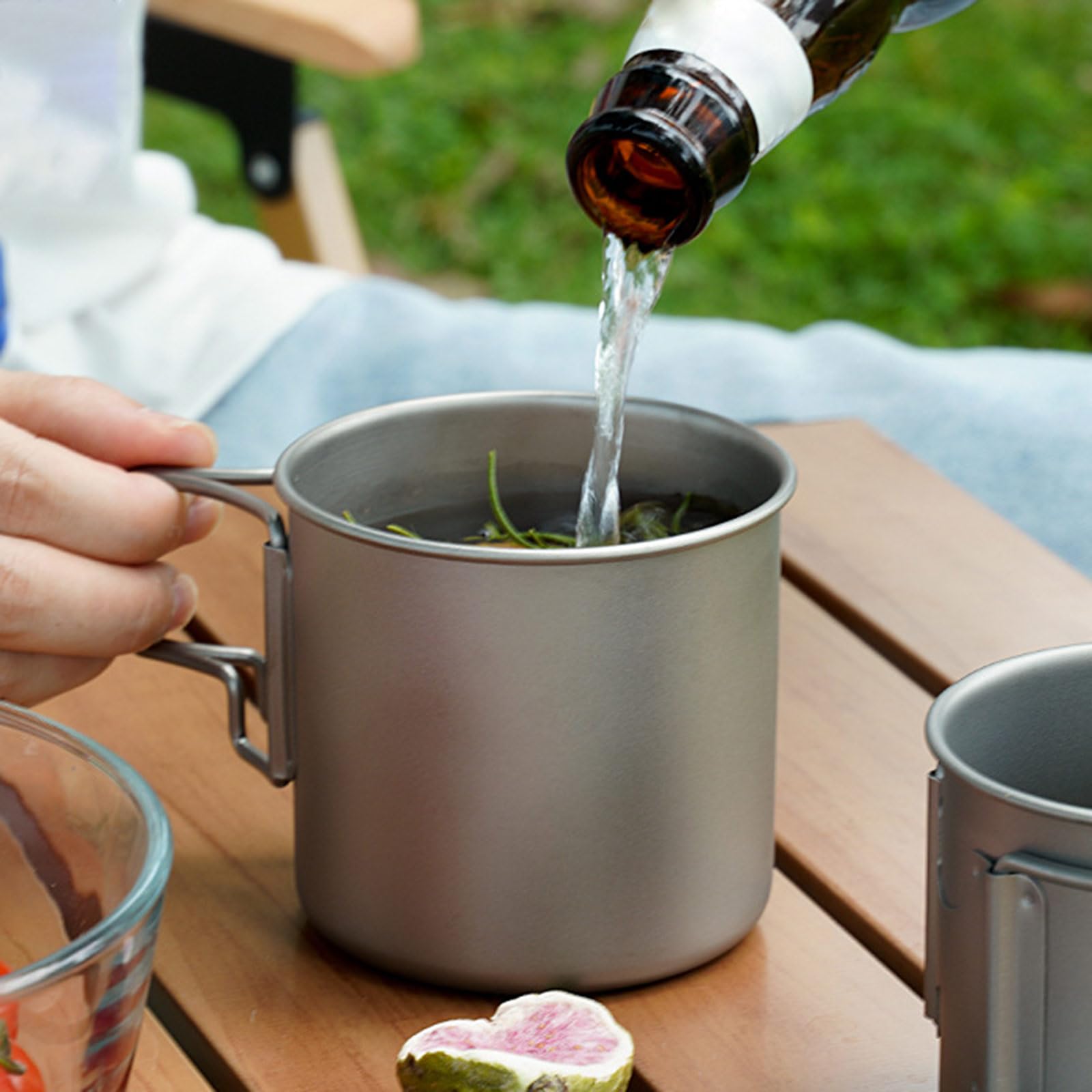 Taza de café de camping con taza de metal ligera plegable pequeña olla de camping para excursiones al aire libre