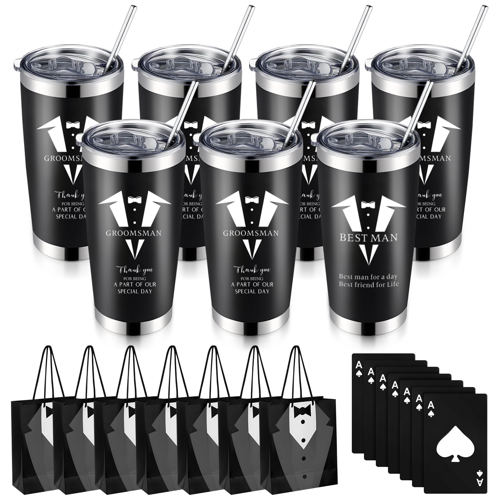 Yeaqee Groomsmen Gifts Set of 7 Wedding Proposal Gifts Includes Bags Stainless Steel Tumbler with Poker Card Beer Bottle Opener Cap Team Groom for Wedding Engagement Bachelor Party (Elegant, 21 Pcs)