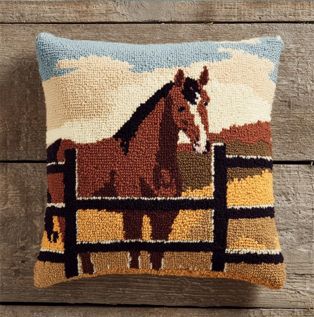 kitphoenix Latch Hook Cushion Kits for Adults Horse in A Paddock