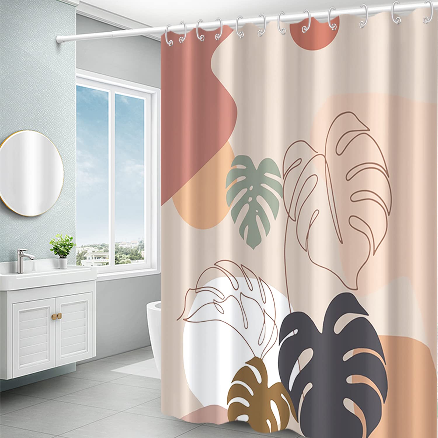 Cortina De Ducha Bohemia Abstracta De Mediados De Siglo, Moderna Y Estetica  Decoracion De Bano Con Hojas Y Plantas Juego De Cortina De Bano, image size:1500x1500