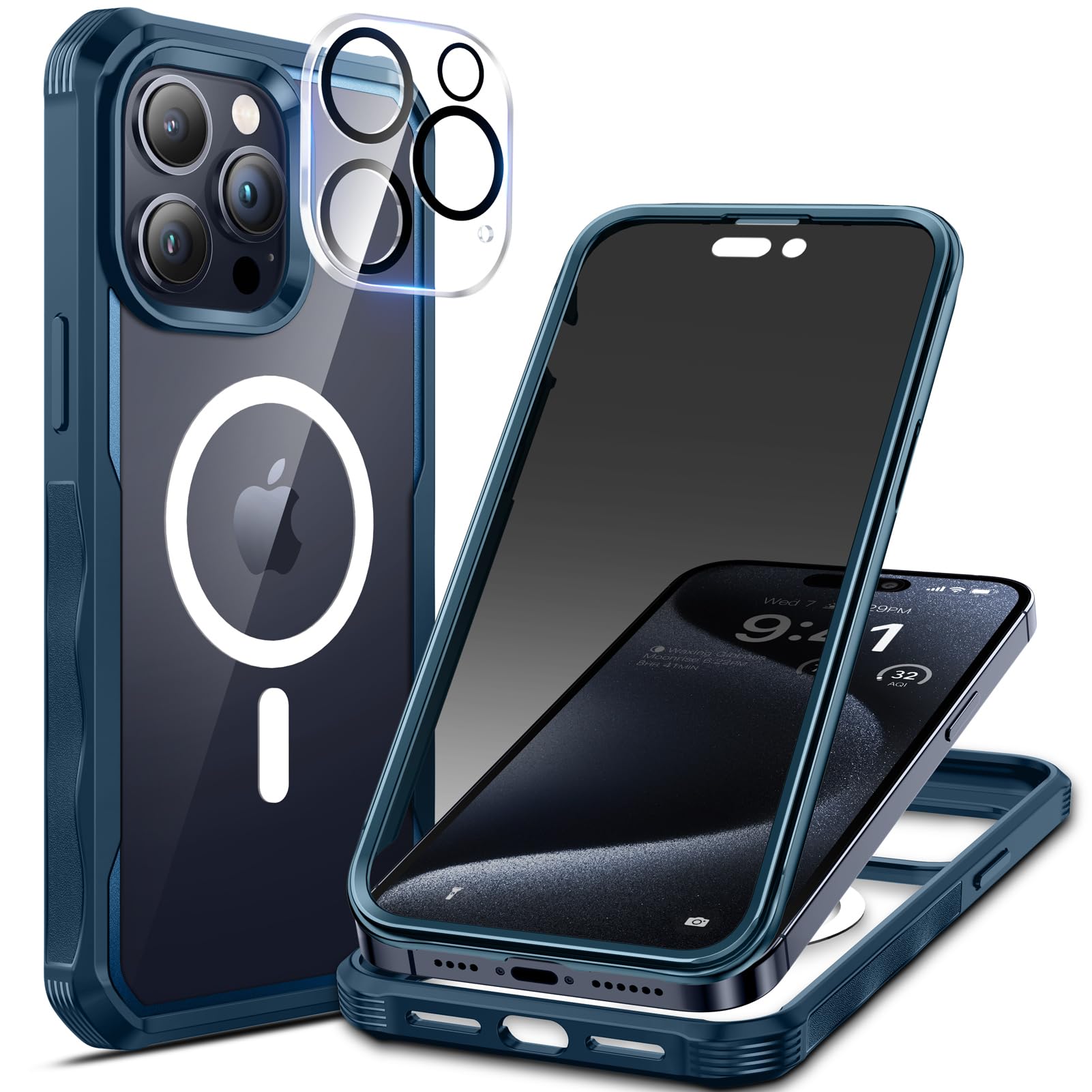 Housse avec protection écran Privacy iPhone 15 Pro Max antichoc bleu - 7
