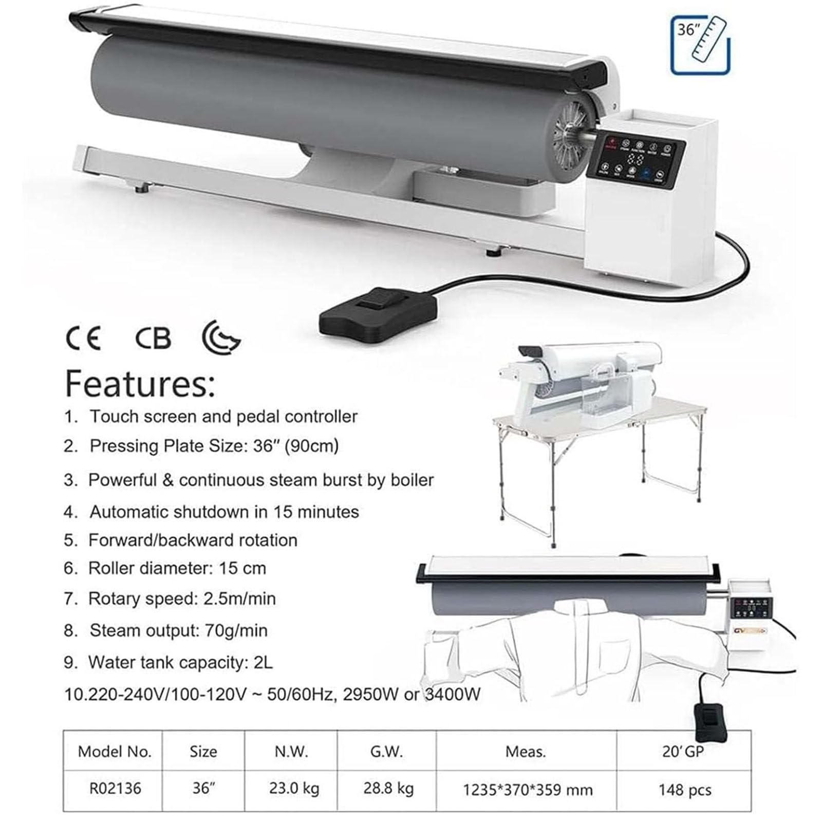 900mm Roller Iron Steam Press with Foot Pedal Control+Continuous Steam,Hotel Linen Ironing Machine for Ironing Long Sheets