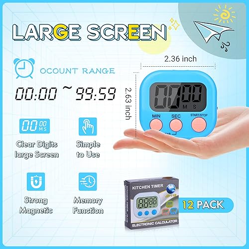 Miniatura 6 de Temporizador de cocina, 6 paquetes de temporizadores digitales para aula, pequeño cronómetro magnético de cuenta regresiva para cocinar, mini alarma