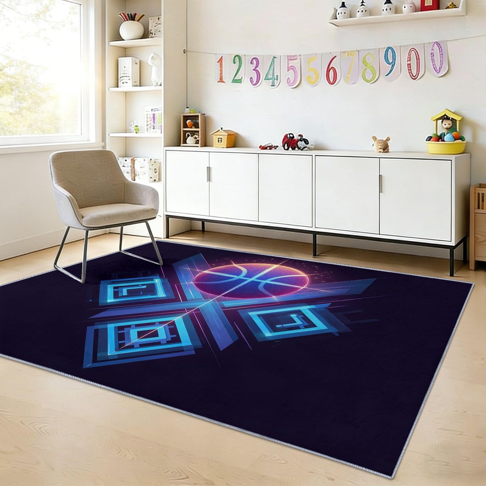 Dywan do salonu, nadaje się do prania, 160 x 230 cm, fantazyjny, nowoczesny, geometryczny, koszykówka, krótkie runo, czarny, duży, antypoślizgowy, do jadalni, sypialni, biura