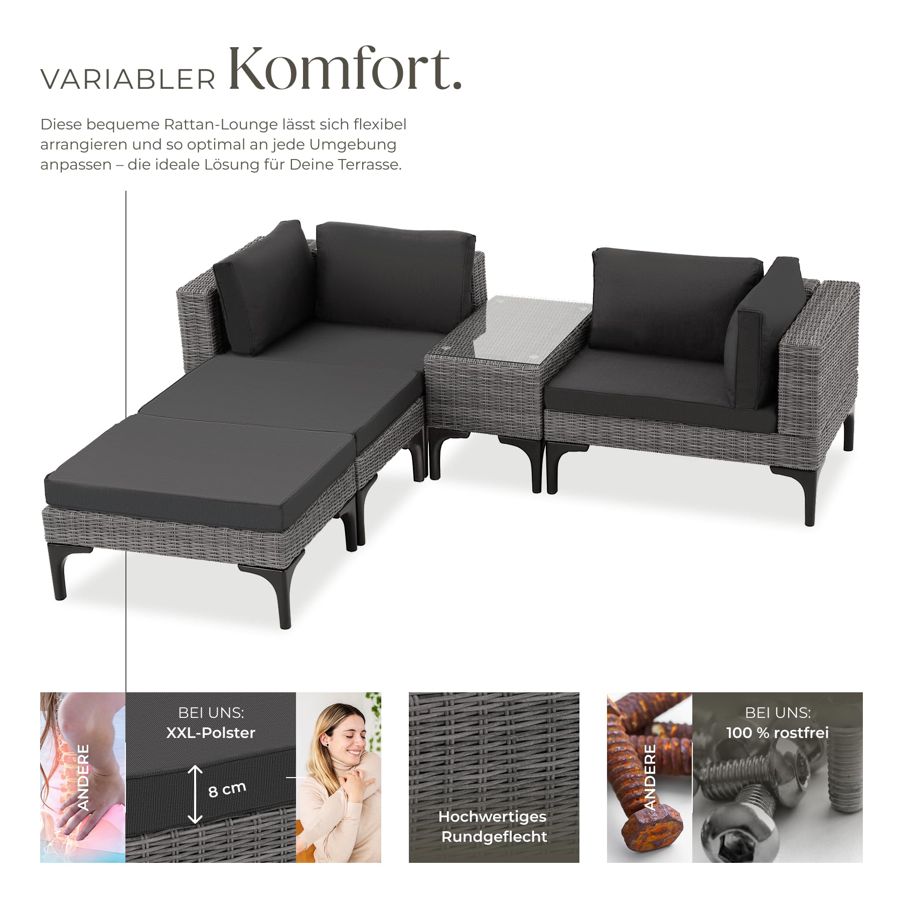tectake® Outdoor Rattan Lounge, 5-teiliges Gartenmöbel Sofa Set mit Aluminium Gestell, frei kombinierbar, mit Ecksessel, Hocker, Tisch, Gartenlounge, inkl Sitz- und Rückenkissen - grau