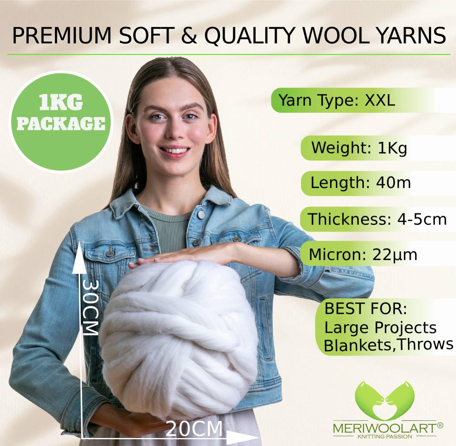 MeriWoolArt® Premium Merino Wolle Garn - 22 Mikron Weichheit, 1 Kg Ball, Chunky 4-5 cm Dickes Garn für Handstricken, Filzen, Häkeln und Wintergeschenke