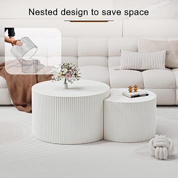 Modern Round Nesting Coffee Table Set of 2 White 27.6+19.7IN