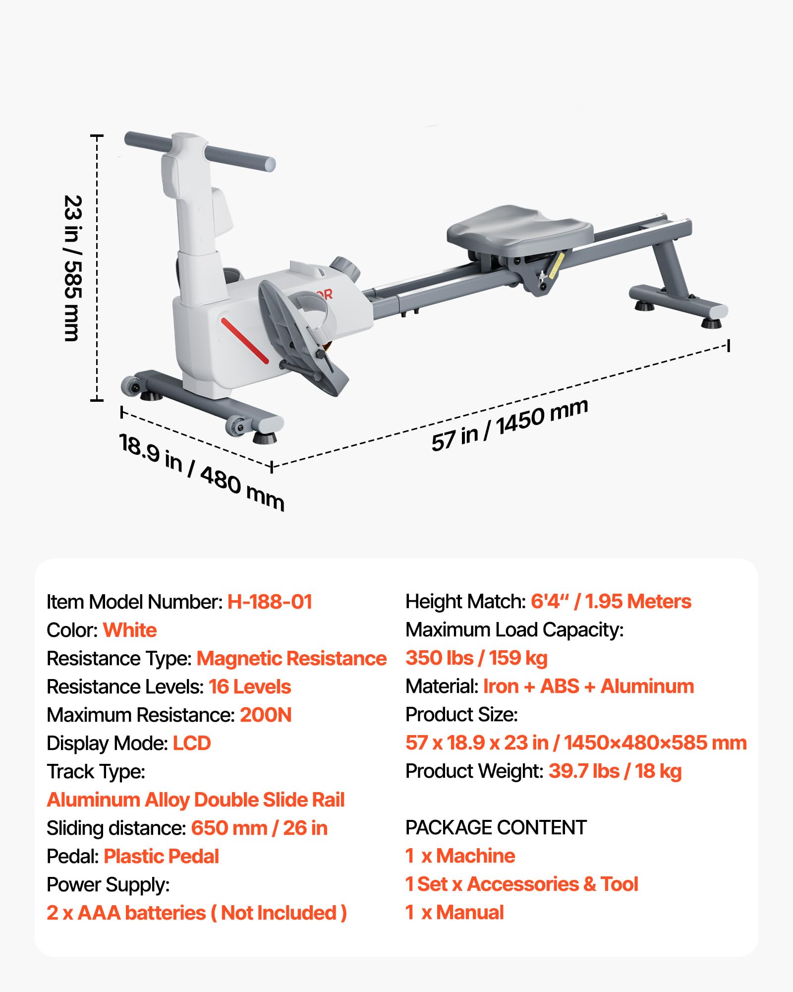 VEVOR Rameur Magnétique, Ergomètre avec Résistance Réglable à 16 Niveaux, Pliable, Capacité de Charge de 158 kg, avec Double Rail Coulissant, Compatible avec Application Bluetooth et Écran LCD