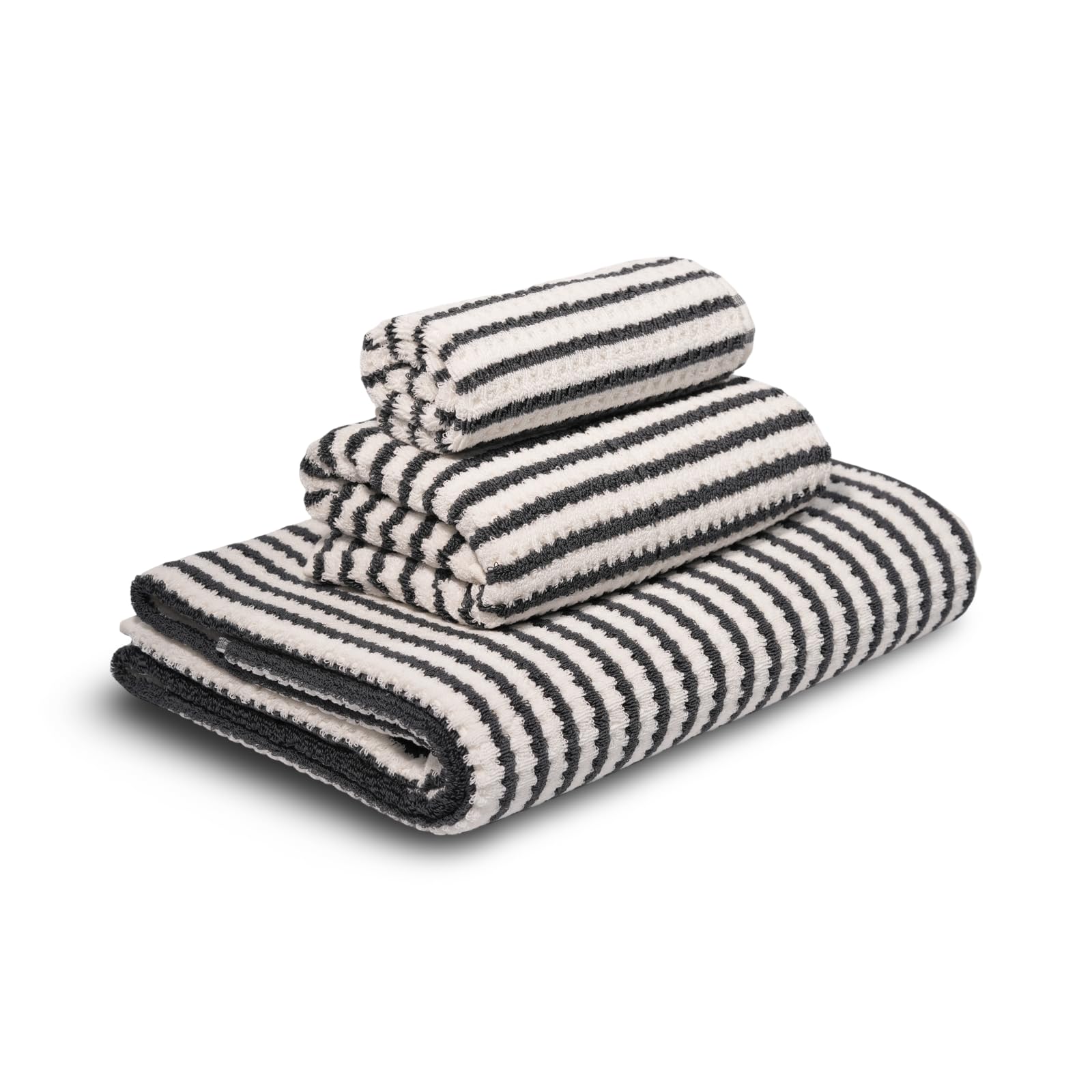 Soie Satinée - Juego de 3 toallas de mano Gaufre Tissage, colección Boutiq Home Collection, Fumé Dégradé Ivoire Rayures