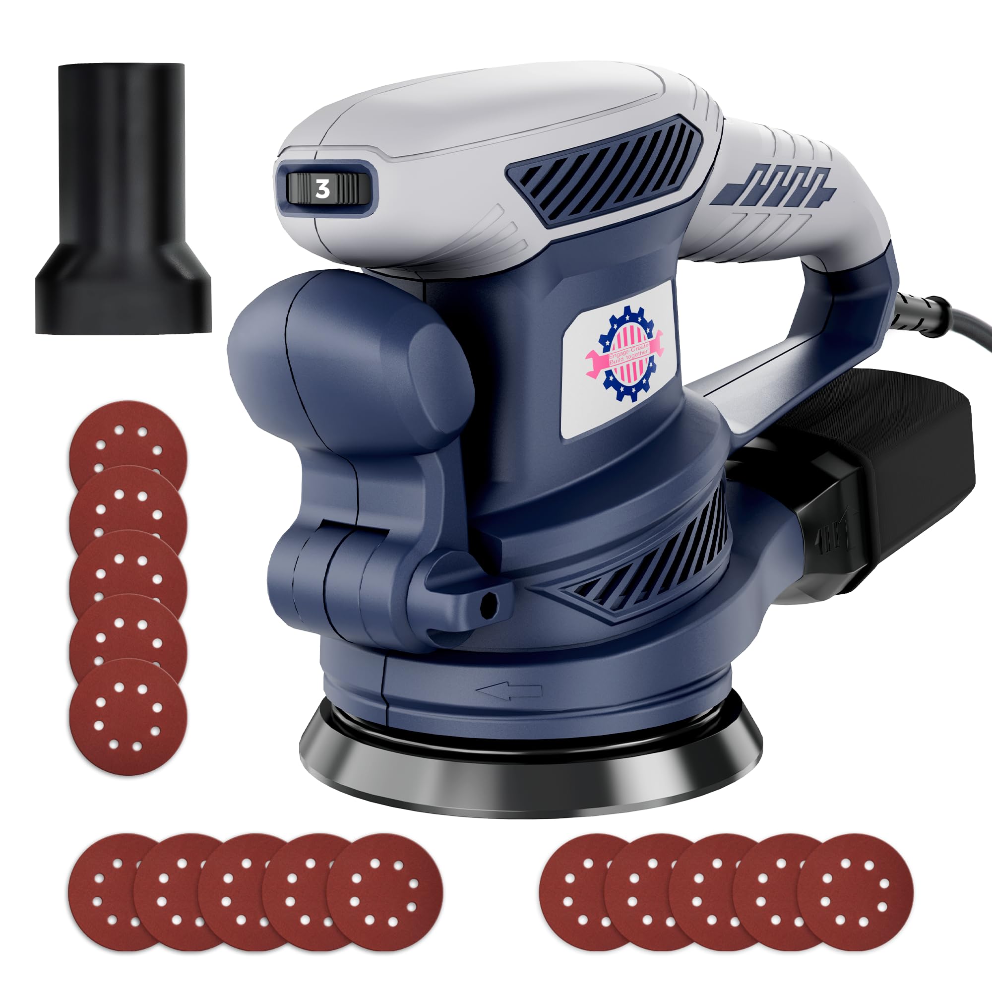Exzenterschleifer 450W mit Bremse, 125mm Schleifmaschine für Holz mit Staubabsaugung, Schleifmaschine mit Verstellbarem Griff, 15 Schleifpapier, 6 Geschwindigkeiten 13000 U/min