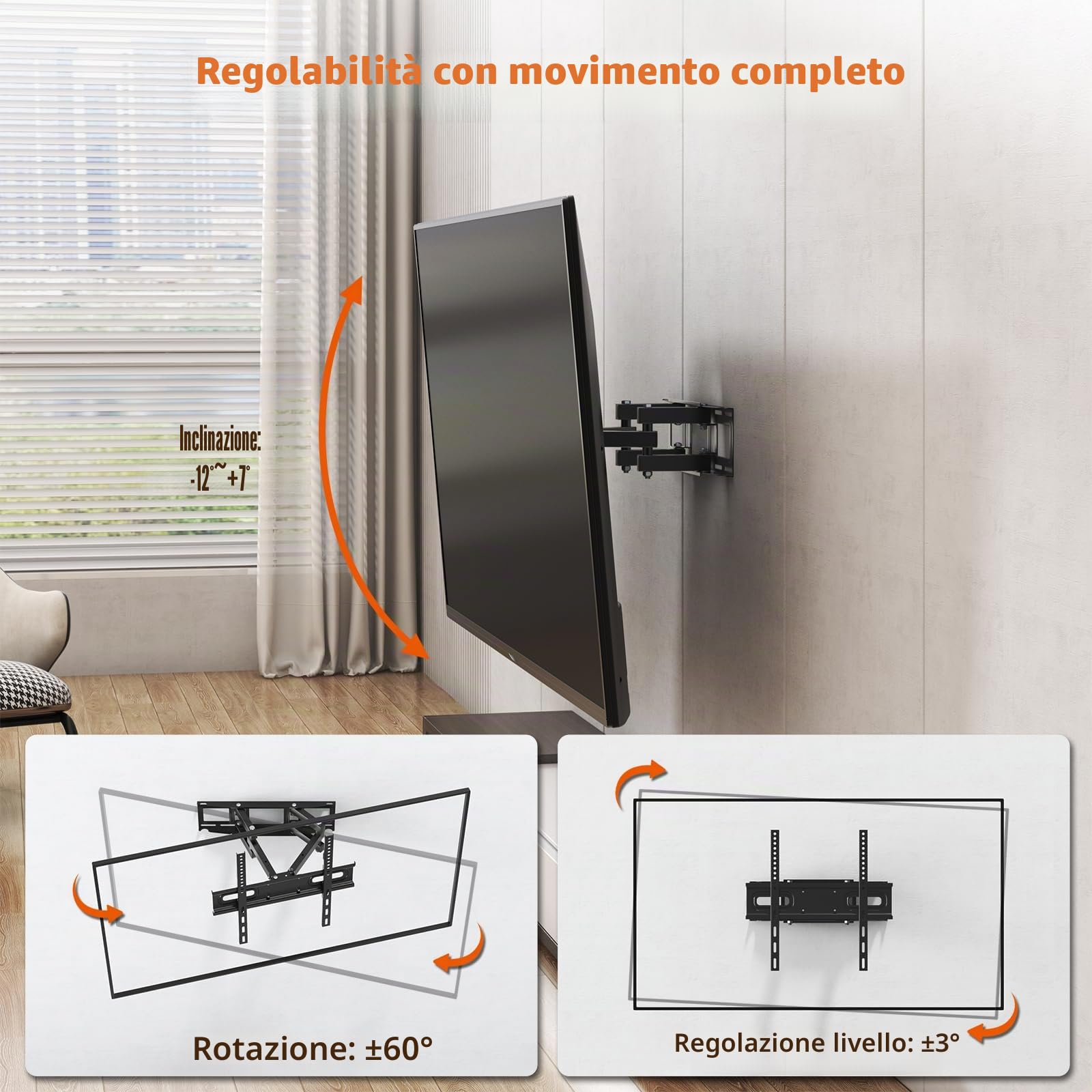 PUTORSEN Supporto TV Parete Girevole Inclinabile Staffa per Molti Televisori da 32-70 Pollici(81-178 cm), Fino a 50 kg, Max. VESA 400x400mm, con livella a bolla e 4 Fascette