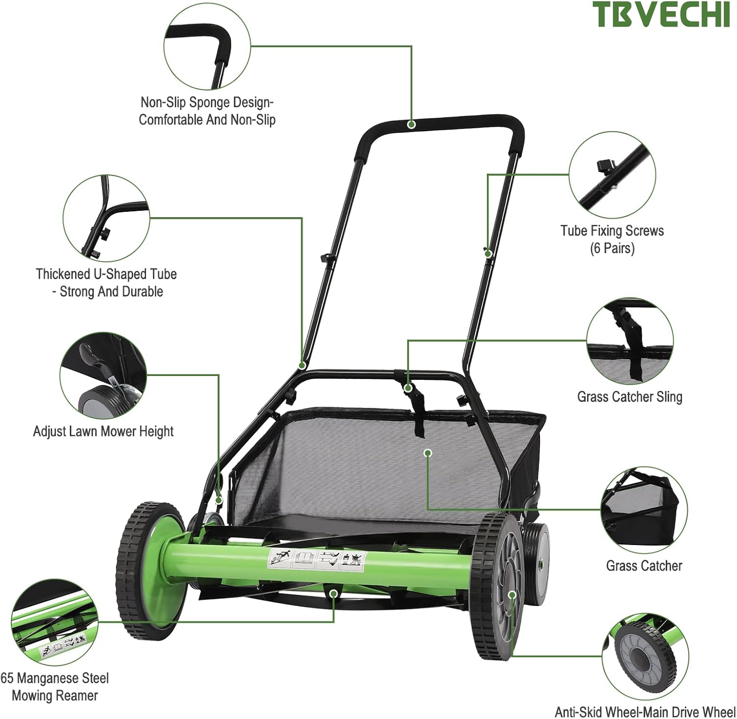 Reel Mower, 20" 5-Blades Manual Lawn Mower, Adjustable Cutting Heigh Push Lawn Mower w/Grass Catcher, Specialty Grass Mower, Green