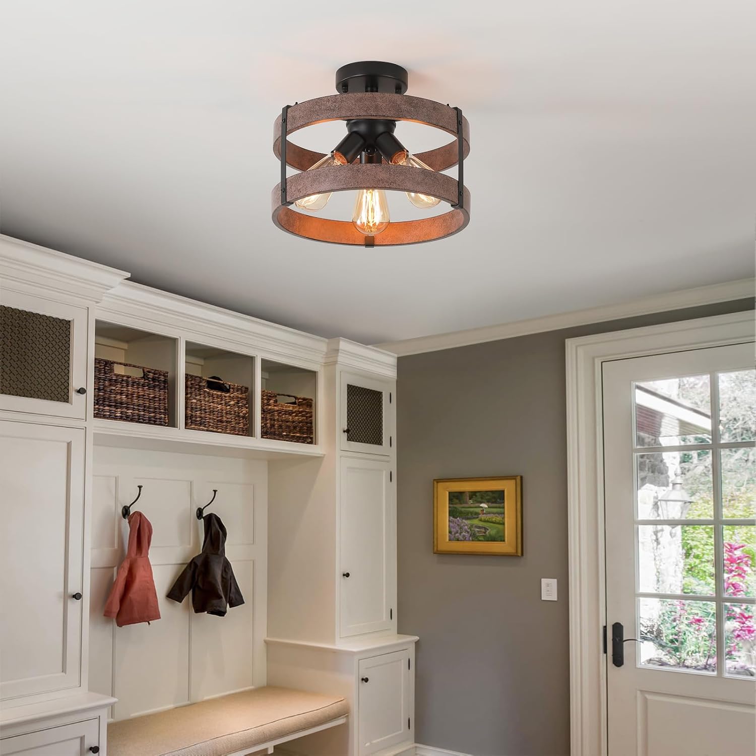 2 Pack 3-Light Rustic Farmhouse Metal Flush Mount Ceiling Light Fixture Antique Oak Round Drum Semi Flush Mount Ceiling Light for Hallway Hall Entry Bedroom Farmhouse Home, Black