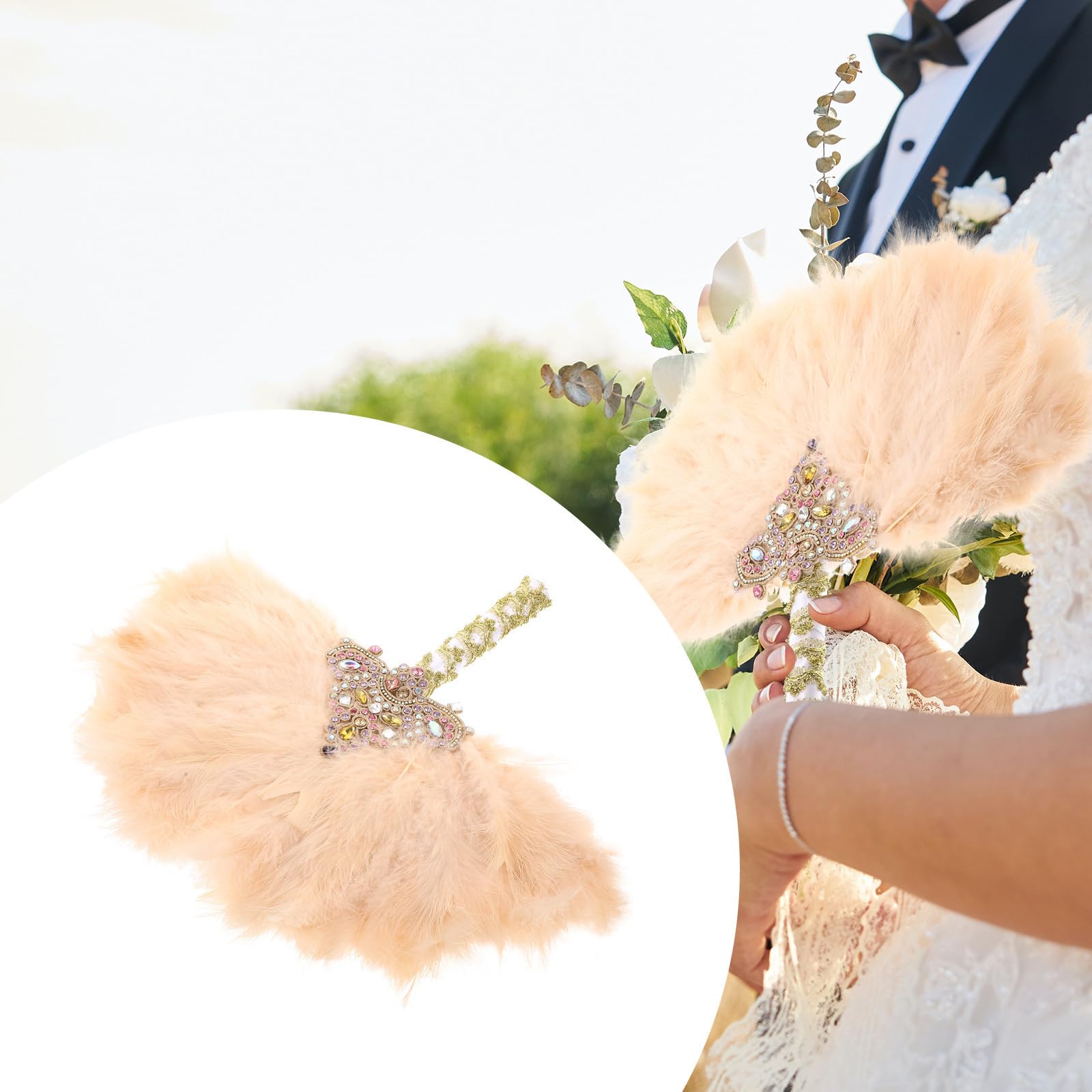 UKCOCO Accessorio Fotografico Elegante Ventaglio Fatto a Mano Strass in Plastica e Piume Beige per Sposa per Matrimoni e Cerimonie