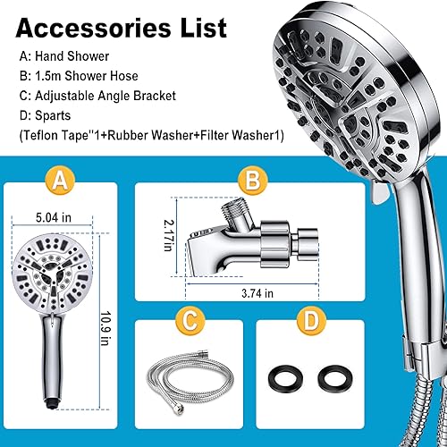 Miniatura 6 de Cabezal de ducha con mano, cabezal de ducha de alta presión con filtros para agua dura, 10 ajustes de pulverización, cabezal de ducha filtrado