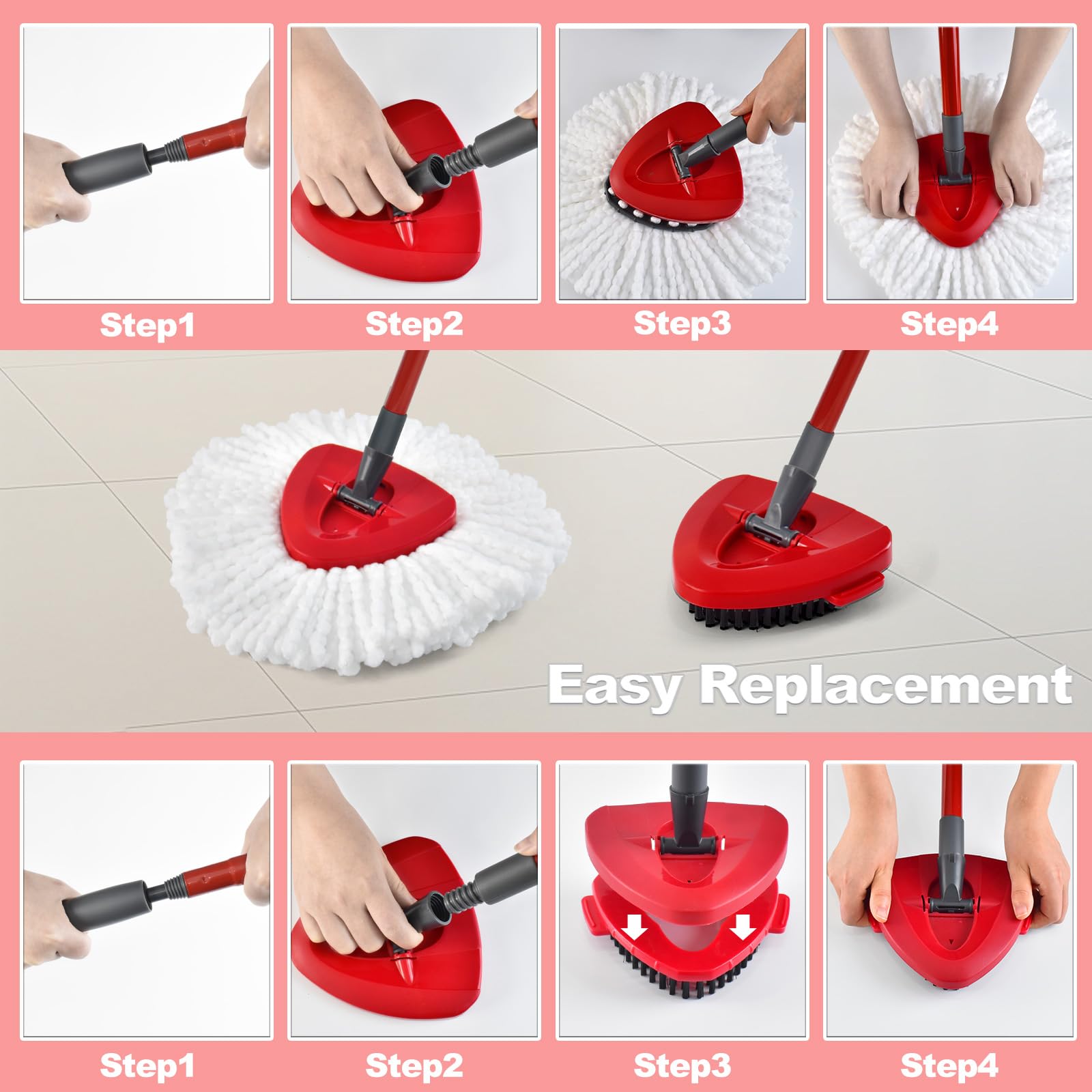 Cabezales de fregona giratoria de repuesto para sistema O Ceda EasyWring de 1 tanque, 3 recambios de cabezales de fregona de microfibra, mango de hierro de 4 secciones, 1 base y 1 juego de