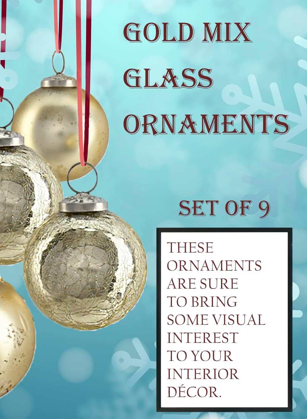 Serene Spaces Living Set of 9 Assorted Gold Glass Ball Ornaments for Christmas Tree, Holiday Decorations, Winter Wedding, Table Centerpiece, Window Box, Measures 3" Diameter