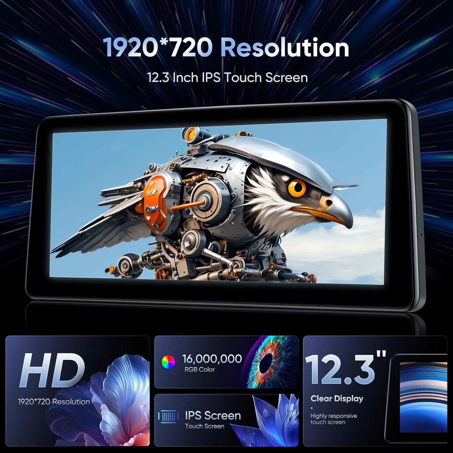 GTRUI 12.3 Inch Car Stereo screen highlighting 1920x720 resolution, HD, 16,000,000 RGB color, and IPS touch screen features.