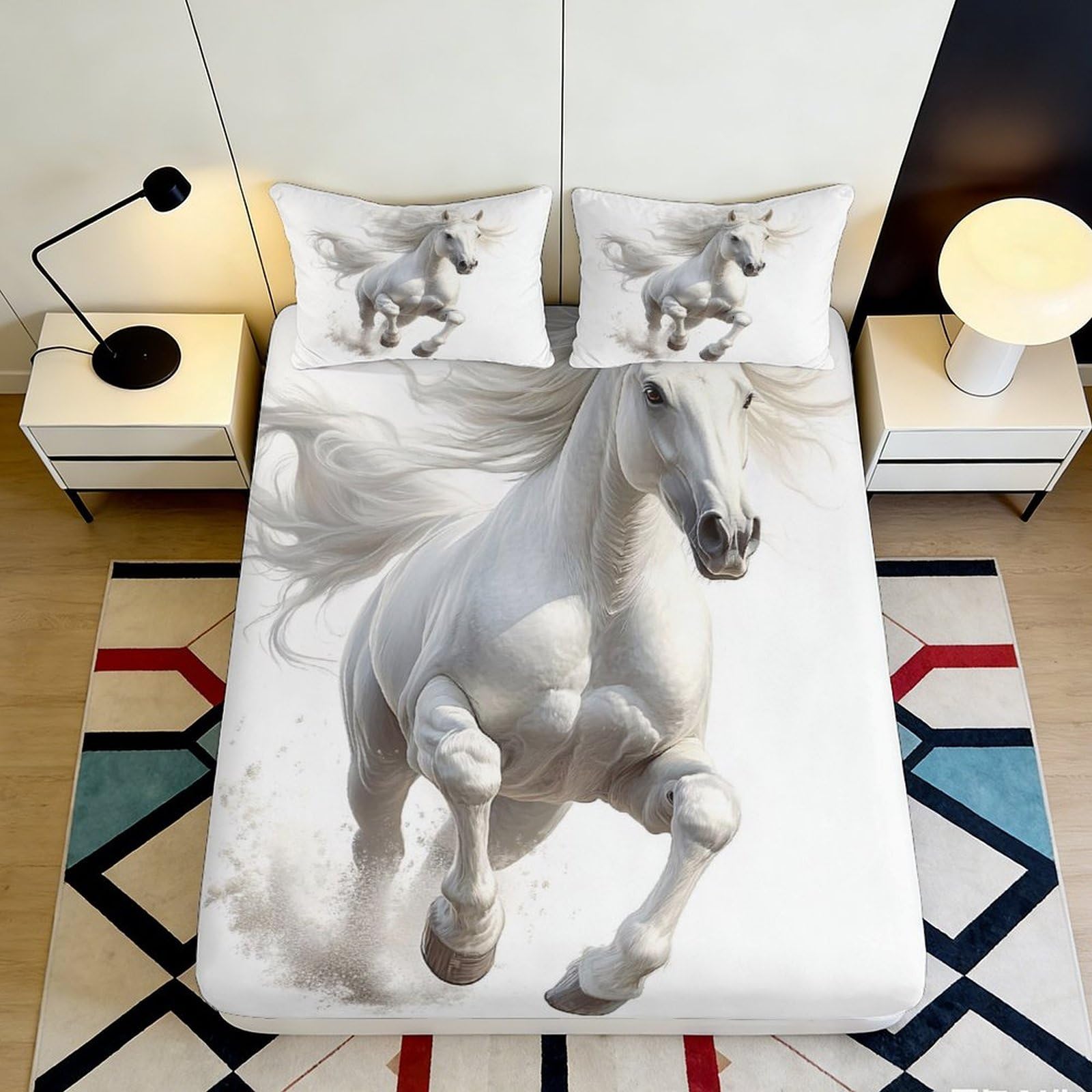 3D Printed White Pegasus Fitted Sheet Microfiber Soft Breathable Winged Horse Mattress Cover for Bedroom Dorm Decor 90x200x25cm