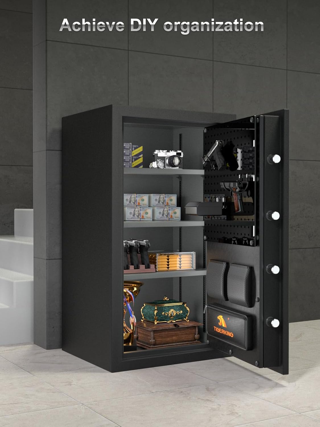 TIGERKING 8.78 Cu Ft Fireproof and Waterproof Safe with Digital Lock, DIY Pegboard Door, Heavy-Duty Steel Large Floor Safe for Home & Office, 40-Min 1200°F Fireproof & 72-Hr Waterproof Protection