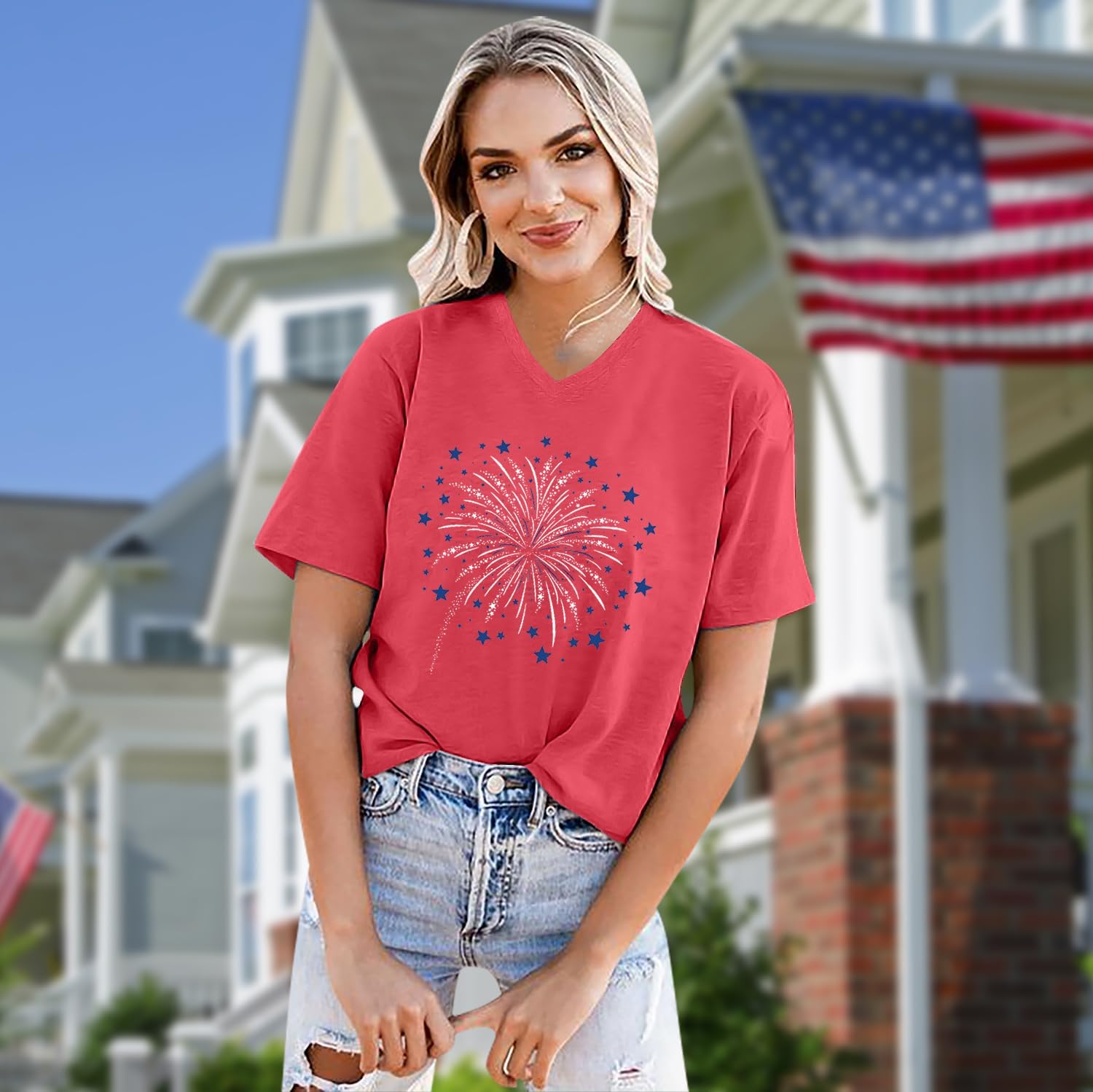 American Flag Shirts Women USA Stars Patriotic Shirt 4th of July T-Shirt V-Neck Short Sleeve Casual Tee Tops - Image 3