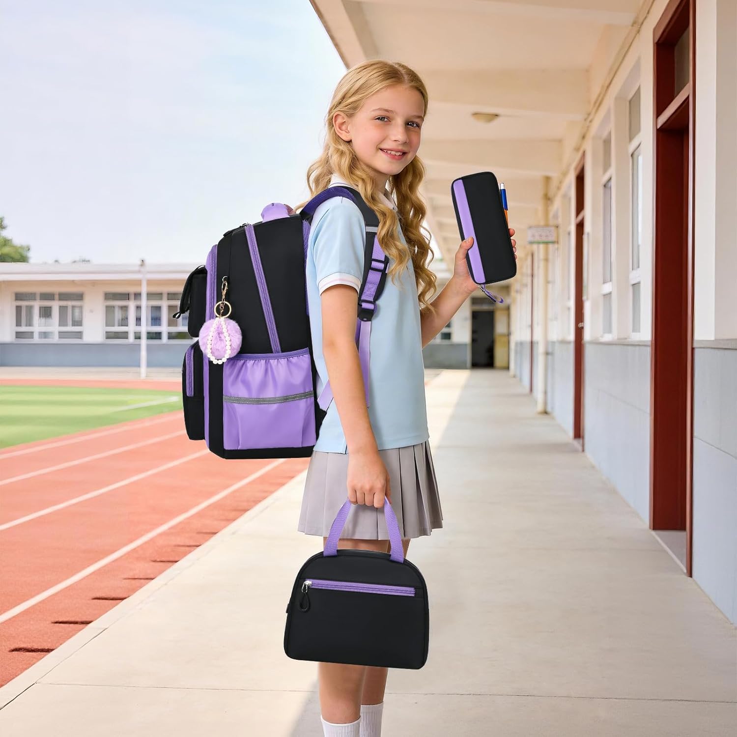 Backpack for Girls,3Pcs Elementary Kids School Bag,Middle Students Teen Girls Backpack,Kawaii Book bag ages 6-12 Balck Purple