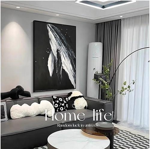 Miniatura 6 de Lienzo decorativo de ballena blanca y negra para sala de estar, pintura al óleo de animales pintada a mano para dormitorio, obra de arte de océano
