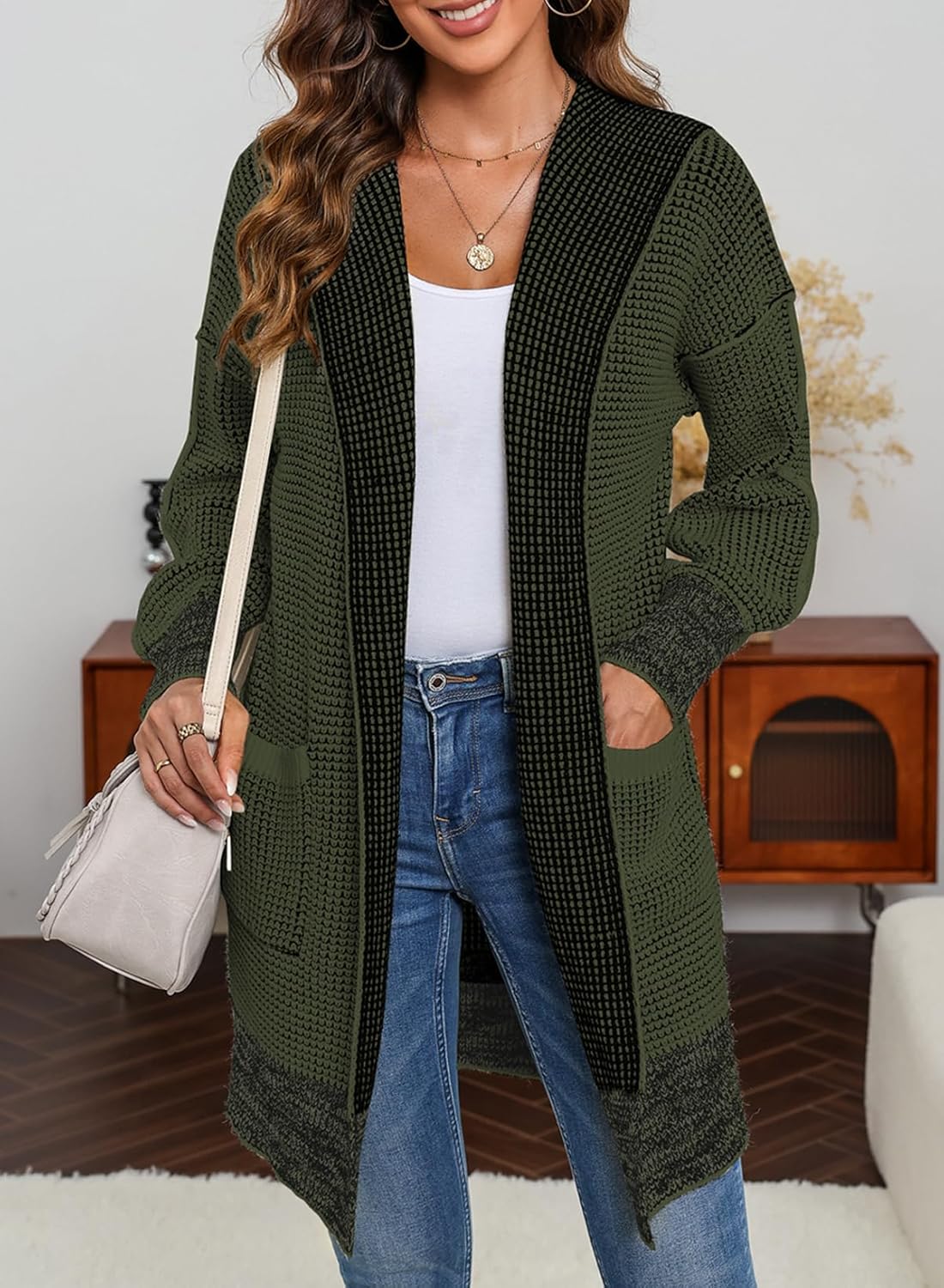 Sidefeel Women's Open Front Chunky Cardigans Oversized Hooded Sweaters Coat Knitted Plaid Fall Tops Blackish Green Large - Image 3