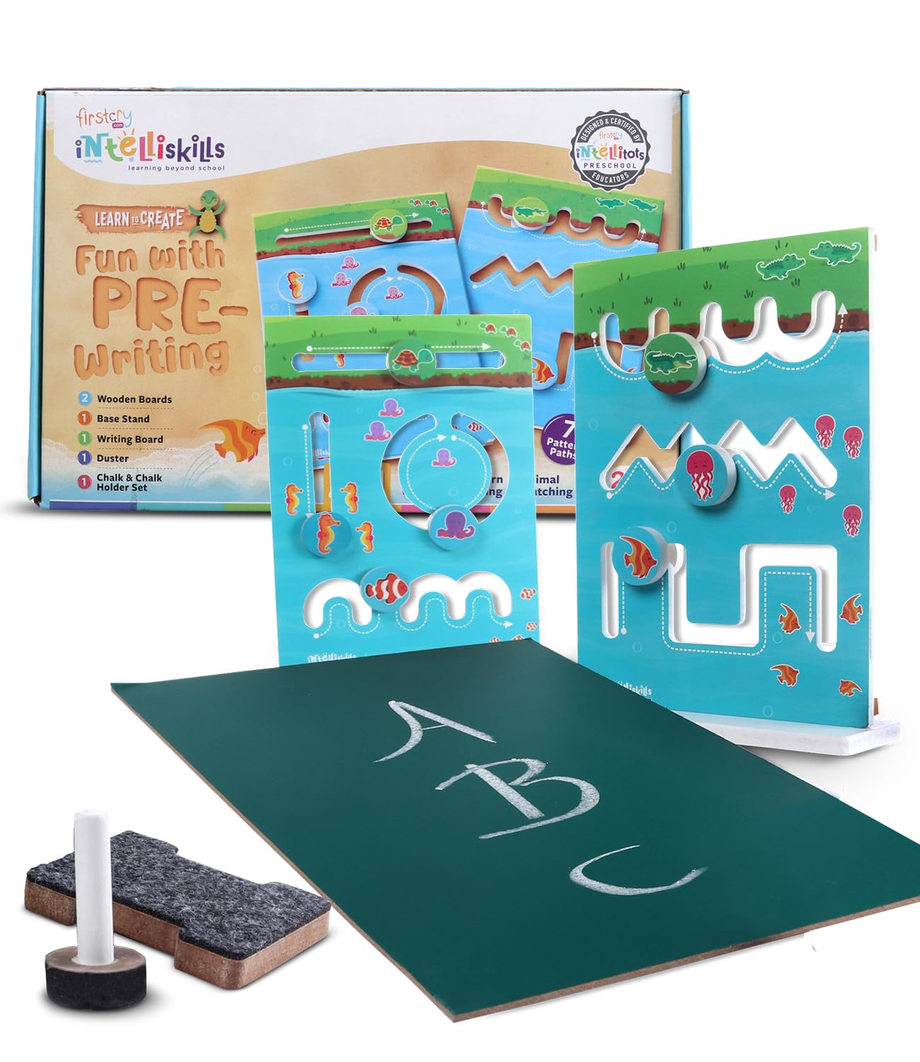 Intelliskills Premium 3 in 1 Pre-Writing,Pattern Tracing & Animal Matching Wooden Board,Pre-school Learning&Educational Writing Board With Base Stand,Chalk,Chalk-Holder & Duster,Birthday Gift,2+ Years-image-41