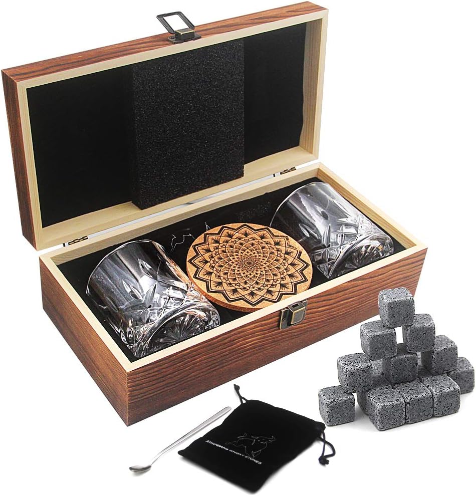 Whiskey Glass Set,16 Granite Reusable Whiskey Stone Rocks Chilling Ice Cubes,2 Whiskey Tumblers for Men Birthday,Valentine's Day,Father's Day by AYAOQIANG