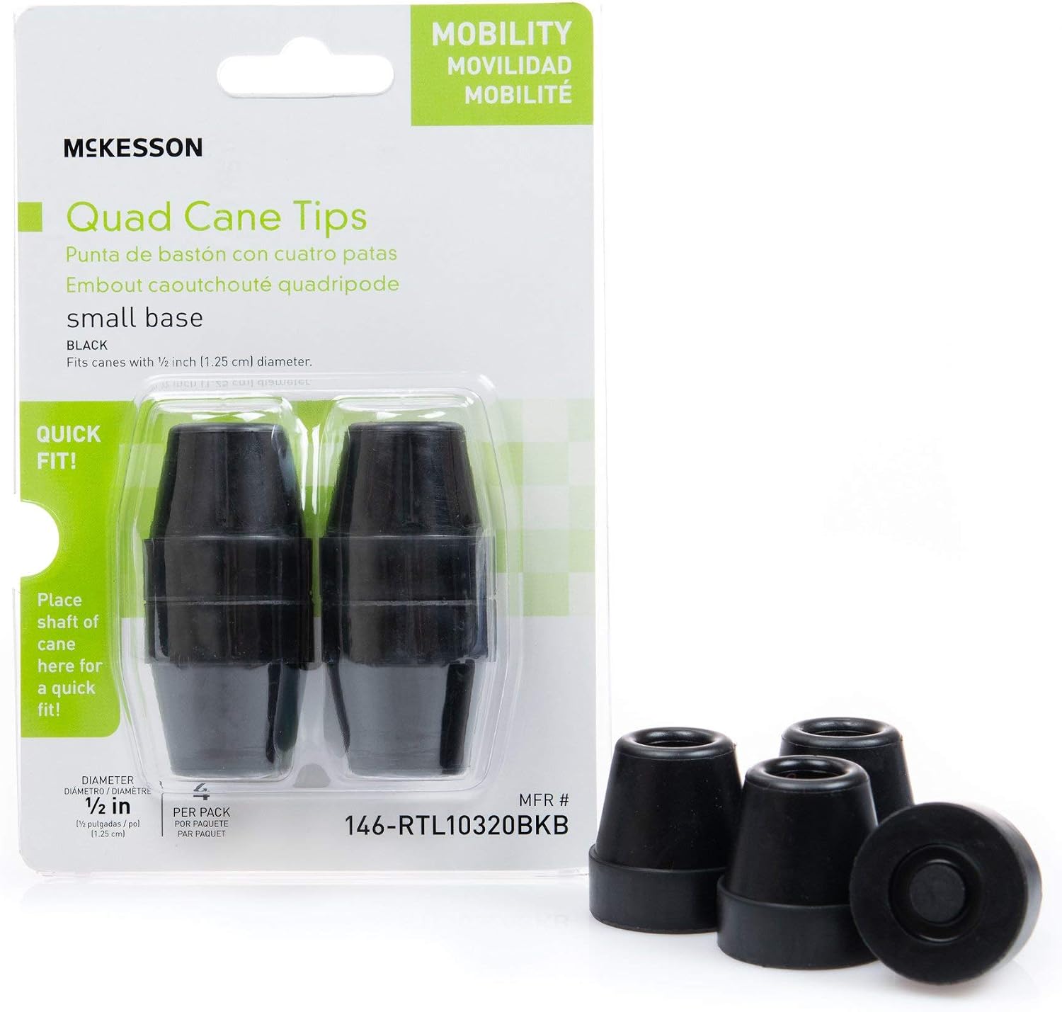 McKesson Black Rubber Quad Cane Tips, 0.5 inch Diameter, 4 Count, 1 Pack