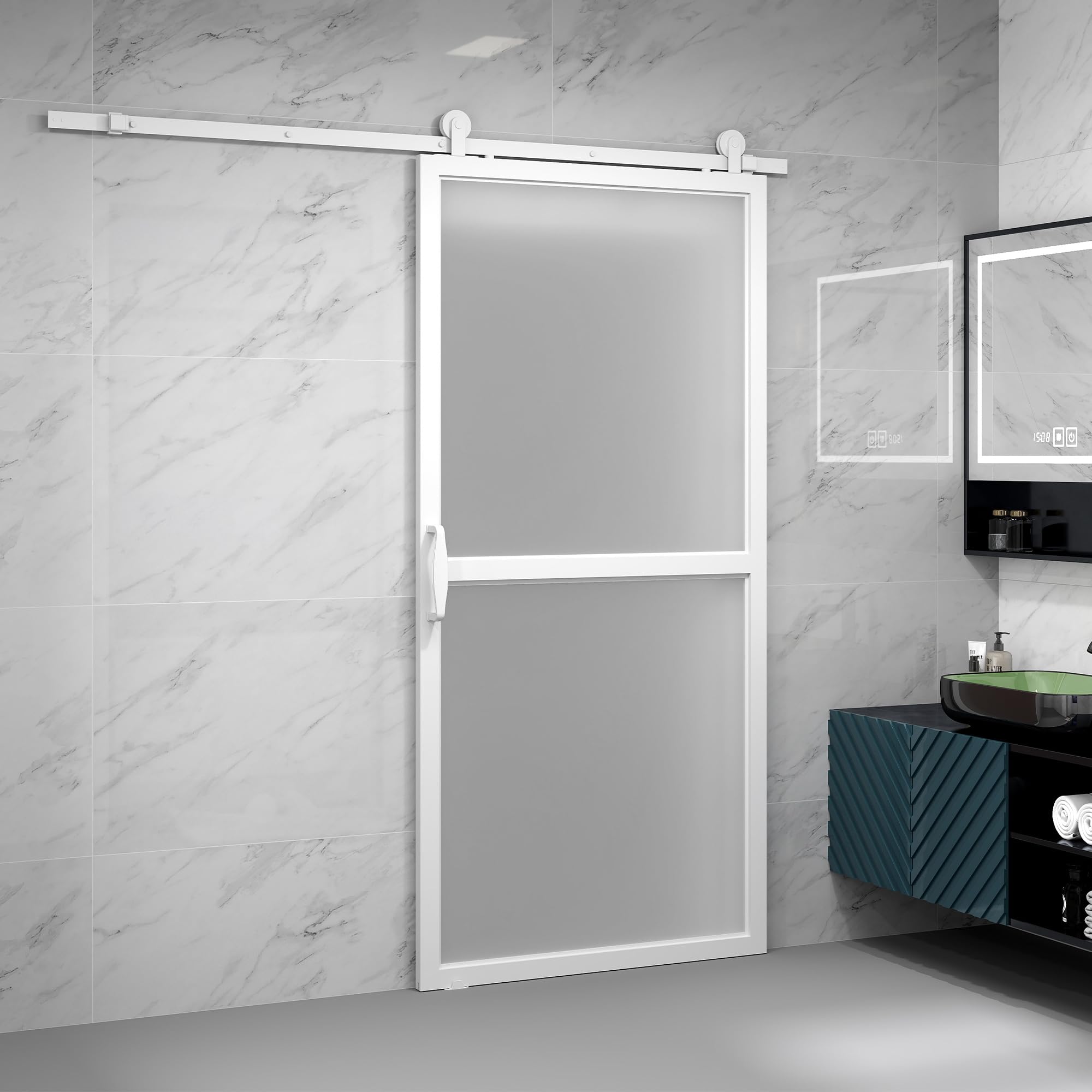 HOMCOM Hardware per porte scorrevoli 200 cm, kit di accessori per porta scorrevole con 2 guide in acciaio al carbonio e guida a pavimento, per garage, armadio/guardaroba, bianco