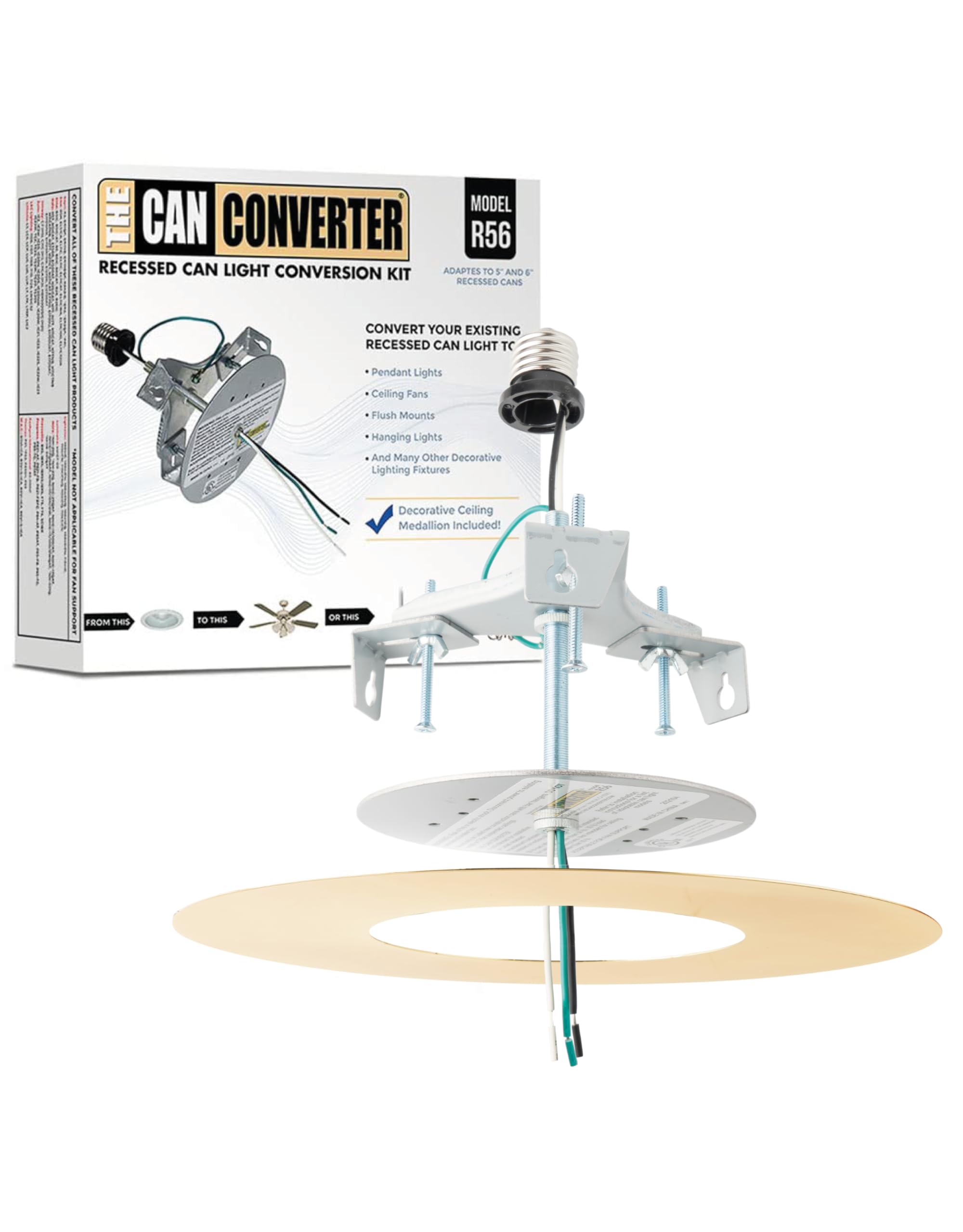 The Can Converter R56 Recessed Can Light Conversion Kit w/ 7"¾ Flat Ceiling Medallion - Home Improvement for 5" &amp; 6" Cans, Converter Kit for Ceiling Fan &amp; Light Fixture, UL Certified, Polished Brass