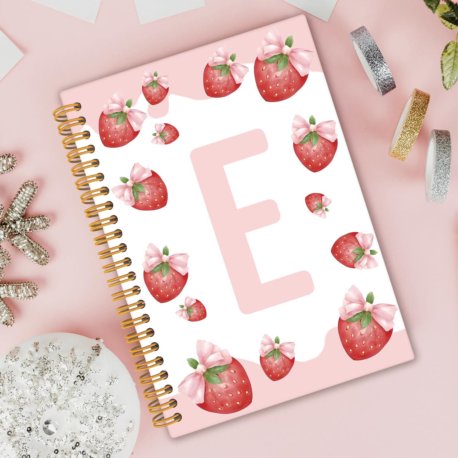 Diario con lettera E iniziale fragola, quaderni carini per donne, diario a spirale rosa per ragazze adolescenti, diari personalizzati per donne, grazioso taccuino a spirale con copertina