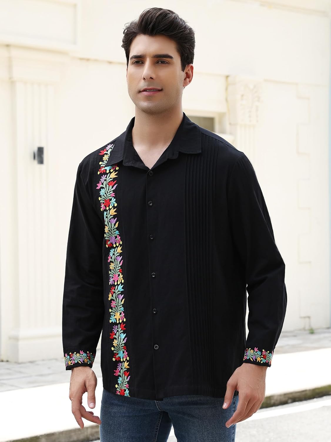 Mexican Shirts for Men Guayabera Cinco De Mayo Fiesta Traditional Embroidered Collared Button Up Long Sleeve - Image 6