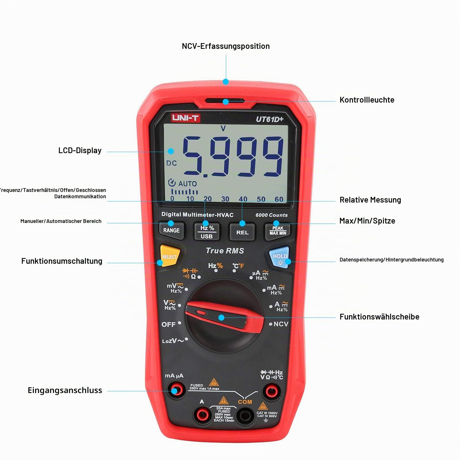 UNI-T UT61D+ 1000V 20A Digital Multimeter 6000 Zählungen Wahr RMS AC/DC Stromspannung Aktuell Widerstand Kapazität Prüfer