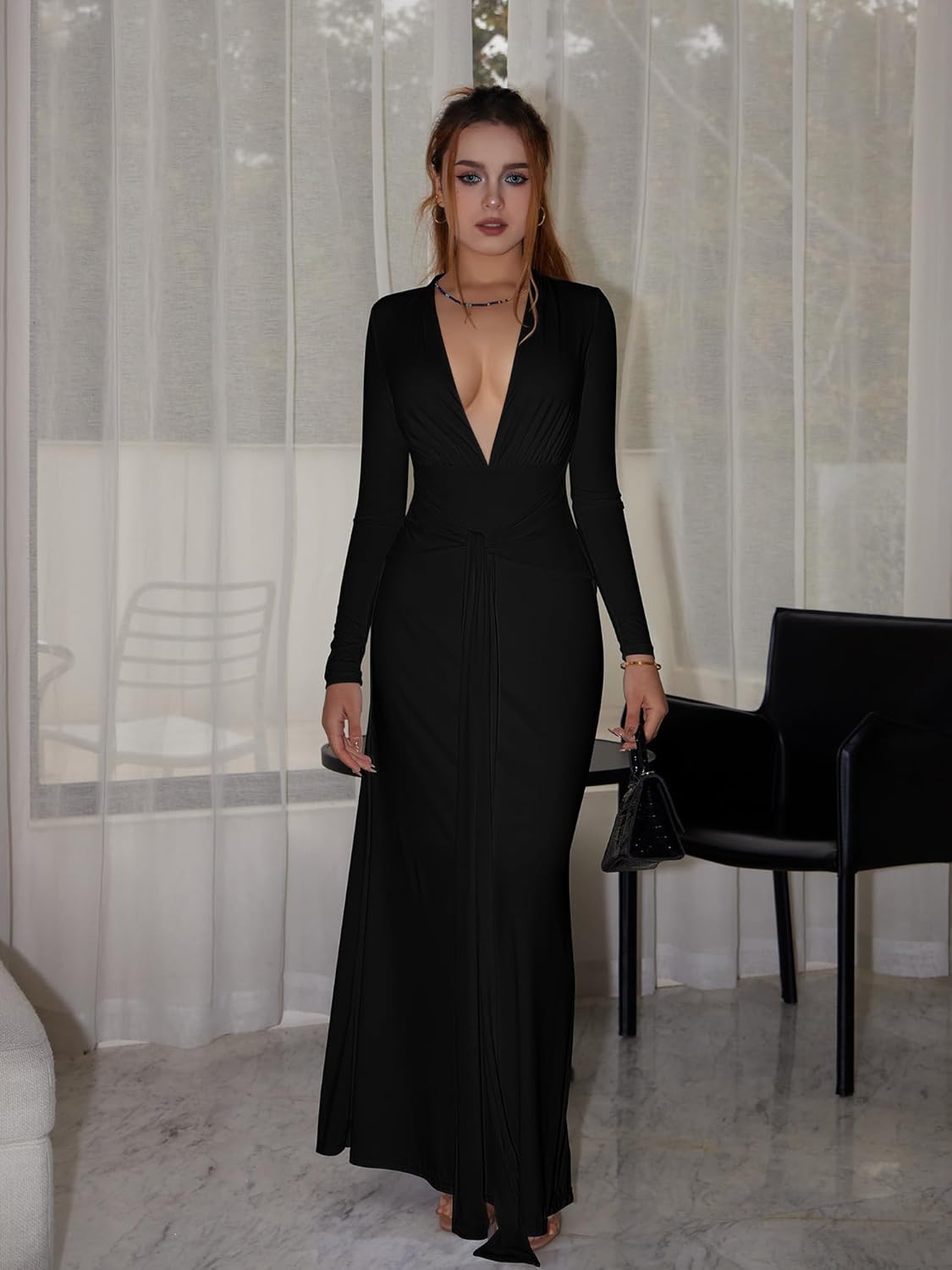 DAAWENXI Women's Sexy Deep V Neck Maxi Dress Long Sleeve Tie Wedding Guest Cocktail Evening Dresses - Image 4