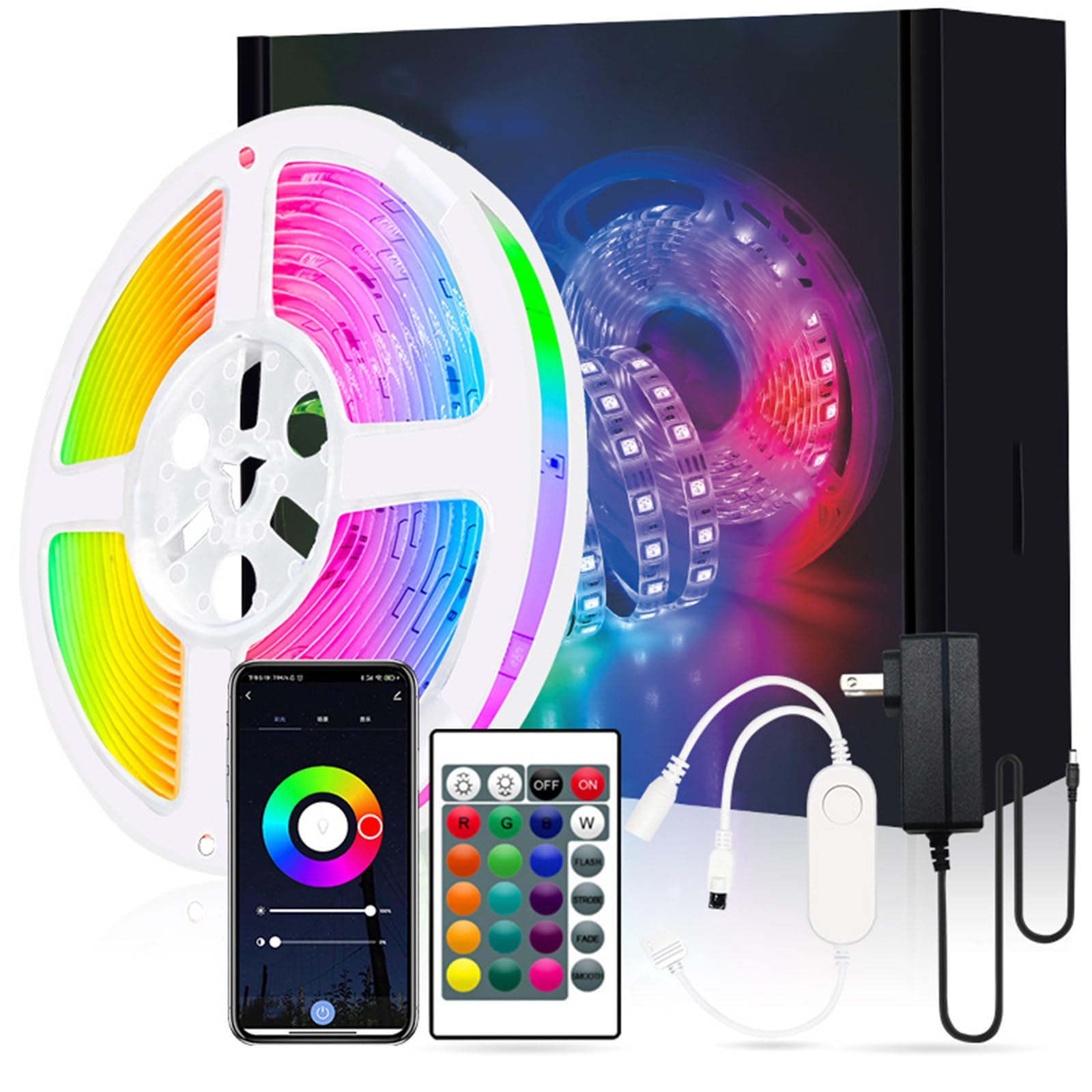 Juego de tiras de luces inteligentes con wifi, control remoto de 24 teclas, tiras de luces de música, tiras de luces de ambiente de silicona flexibles, tiras de luces LED de 20 m, paquete de 2
