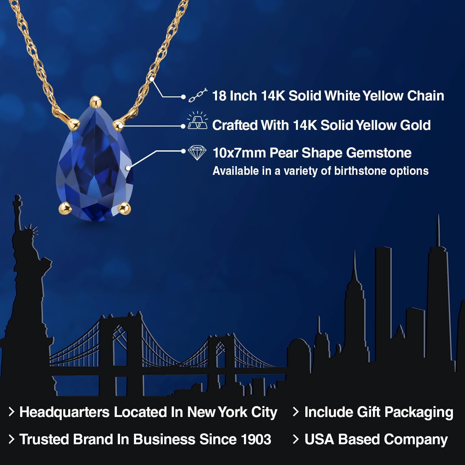 Gem Stone King 14K Yellow Gold Blue Created Sapphire Pendant Necklace for Women | 2.10 Cttw | Gemstone September Birthstone | Pear Shape 10X7MM | With 18 Inch Chain - Image 2