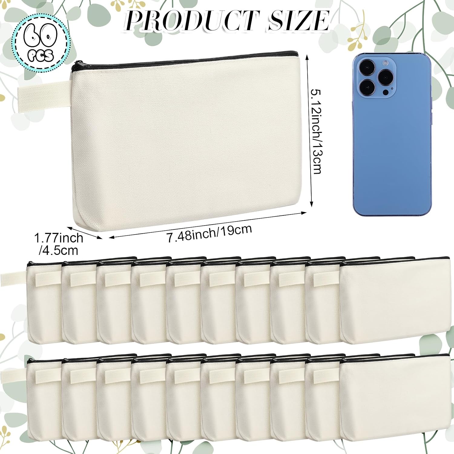 Reginary 60 Pcs Canvas Makeup Bag Bulk, 7.5 x 5 x 2 Inch, Cream image 2
