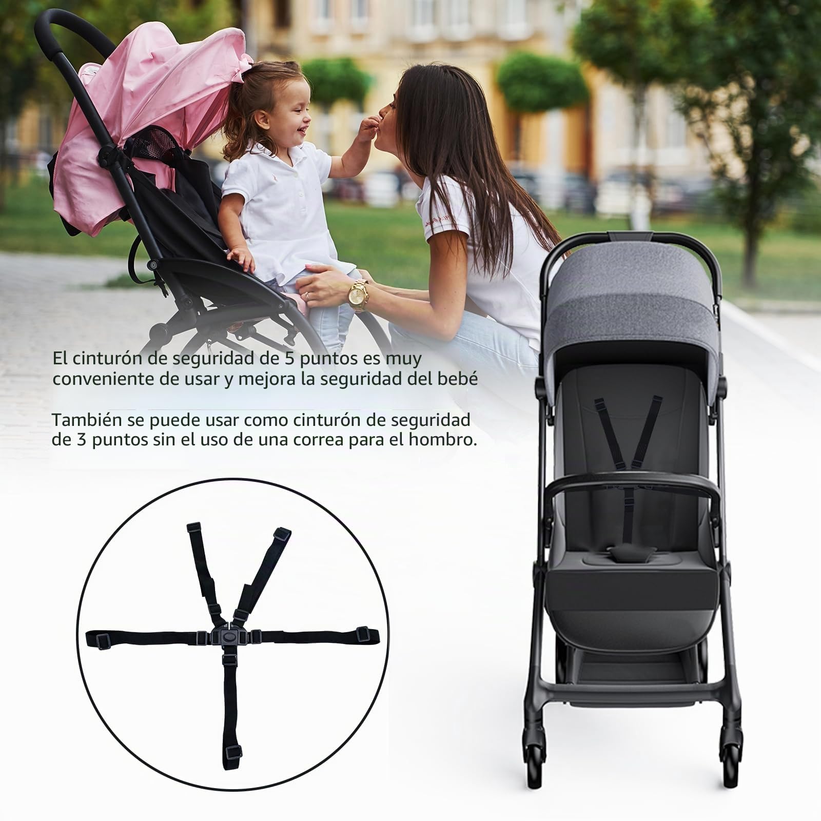 Cinturón de seguridad de 5 puntos, cinturones de seguridad de repuesto para cochecito de bebé, trona ajustable, cinturones de seguridad para silla de paseo y trona (negro)