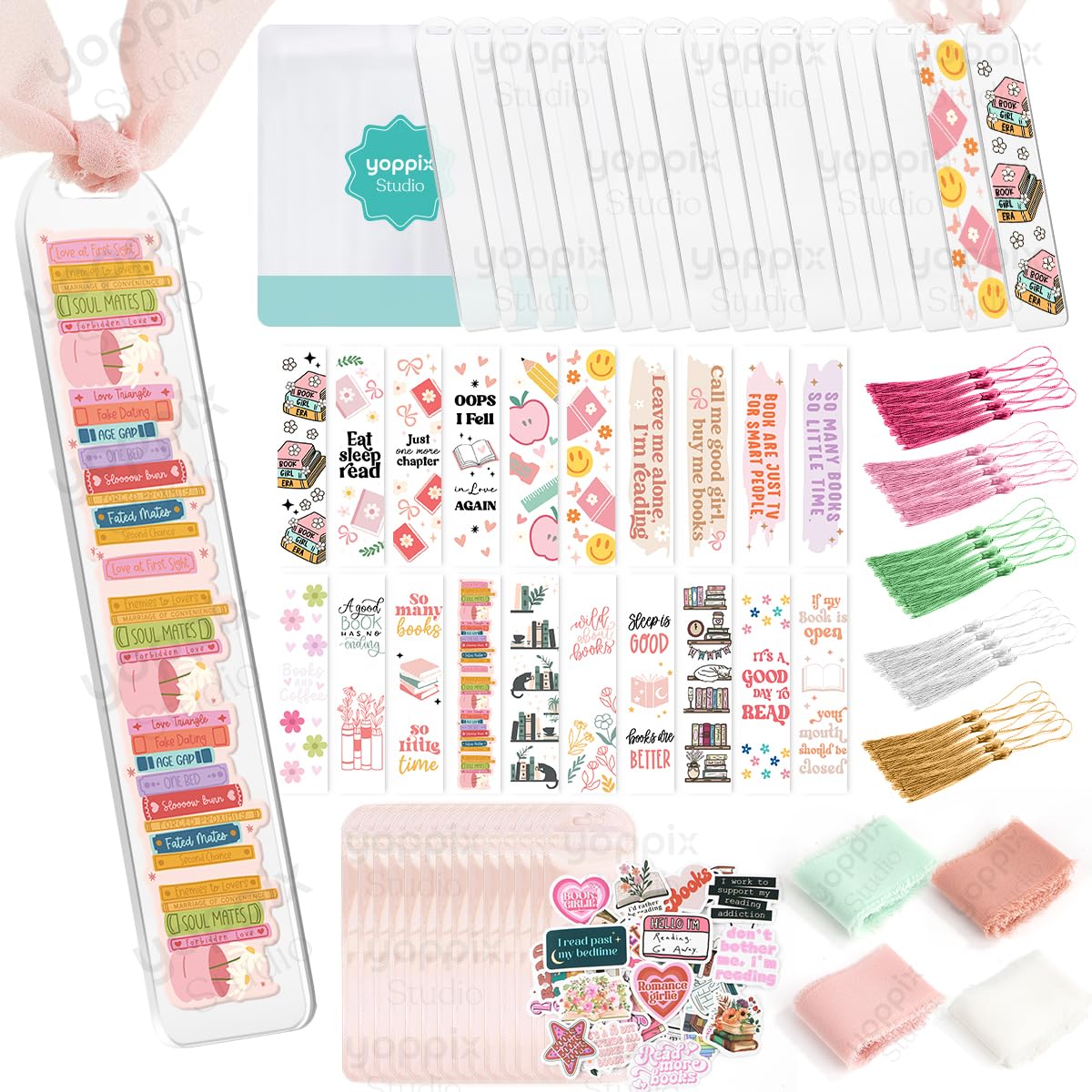 Photo 1 of 180 Pcs Acrylic Bookmark Blanks- 20 Set Bookmark Making Kit with 20 UV DTF Stickers About Book Lover Theme 20 Tassels 20 Ribbon 80 Bookish Stickers for DIY Your Crafts Gift for Book Lover
