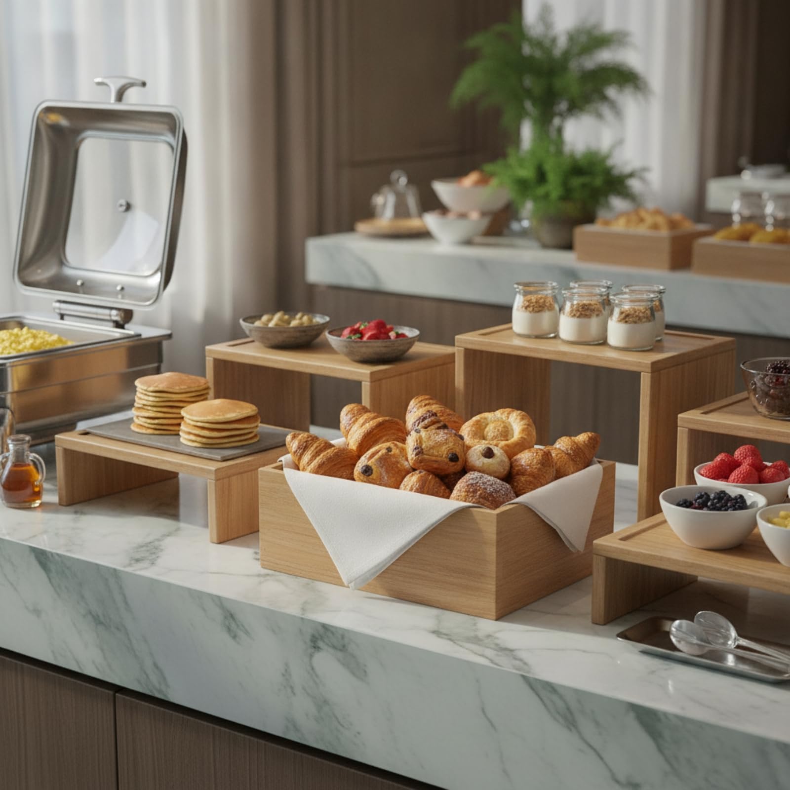 di Legno per Esposizione Alimenti Professionale Contenitore in Legno con Lati Rialzati Chiaro per Caffetterie, Ristoranti, Buffet, L