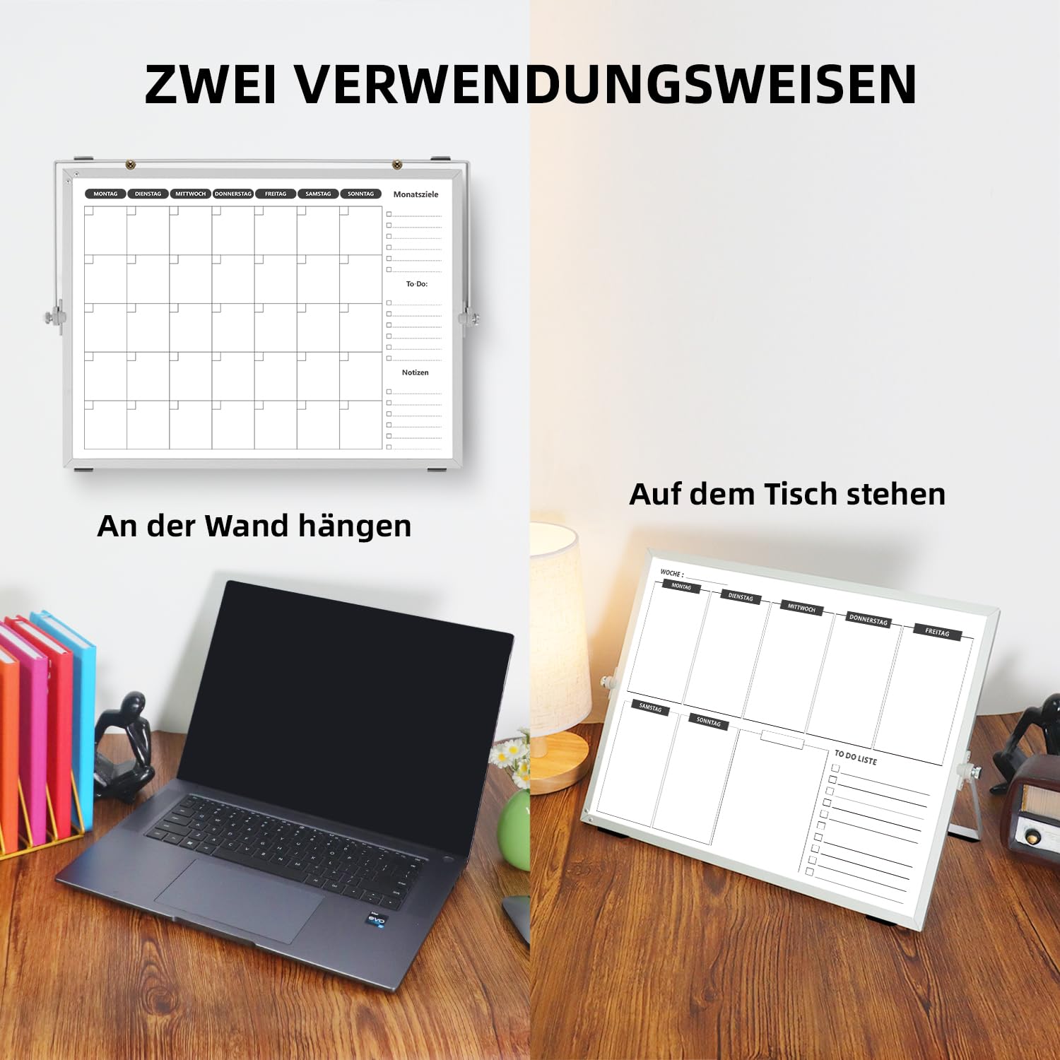 Doppelseitiges Whiteboard Wochenplaner/Monatsplaner abwischbar mit Halter für Tisch und zum aufhängen für Wand 40 x 30 cm