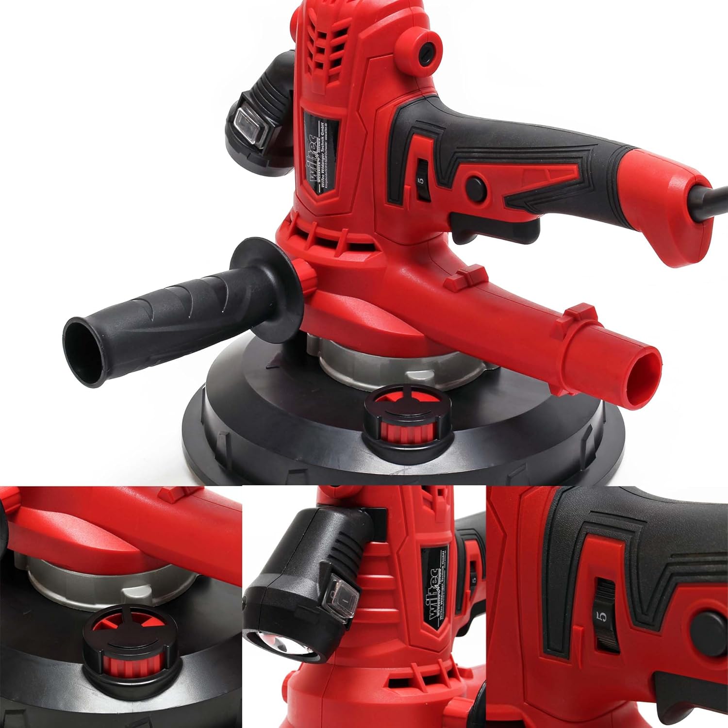 Avvicinamento view of the Wiltec Drywall Sander's controls, including the speed dial and integrated light switch.