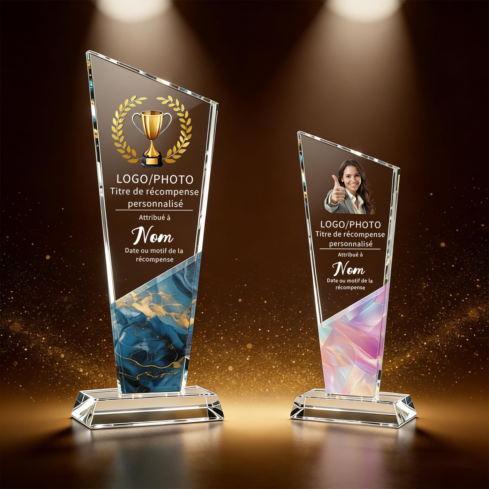 WBW Trophée Personnalisé en Cristal K9 avec Logo Photo et Texte Plaque Gravée Personnalisée 10–20 cm, Récompense en Cristal pour Employé du Mois Anniversaire Retraite Football