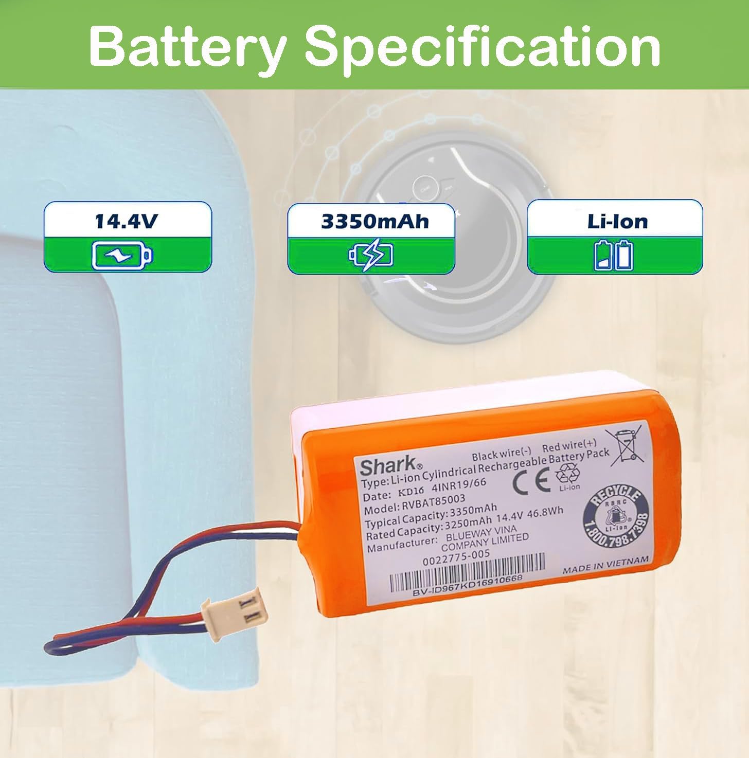 SCREENTRONICS Lithium Ion Li-ion Battery RVBAT85003 14.4V 3350mAh Compatible Replacement for Shark Robot Vacuum Cleaner (Orange)