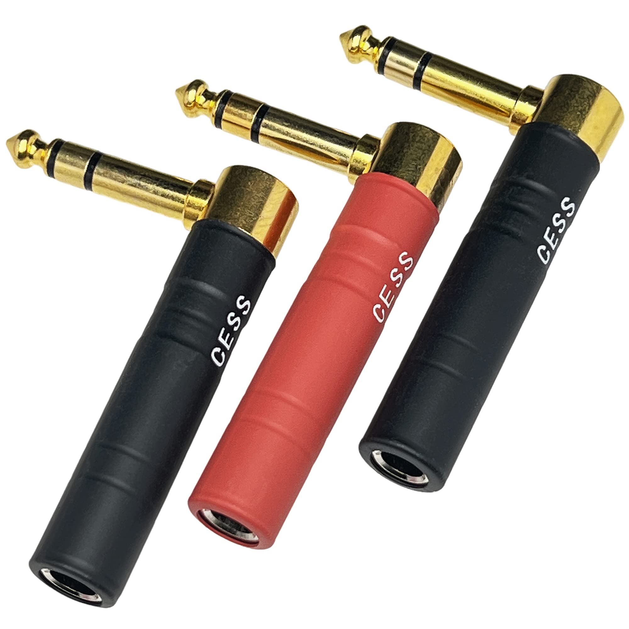 CNCESS CESS-237 Headphone / Earphone Right-Angle Adapter, 6.35mm 1/4-inch TRS Stereo Female to Male, 3-Pack (2 Black + 1 Red)