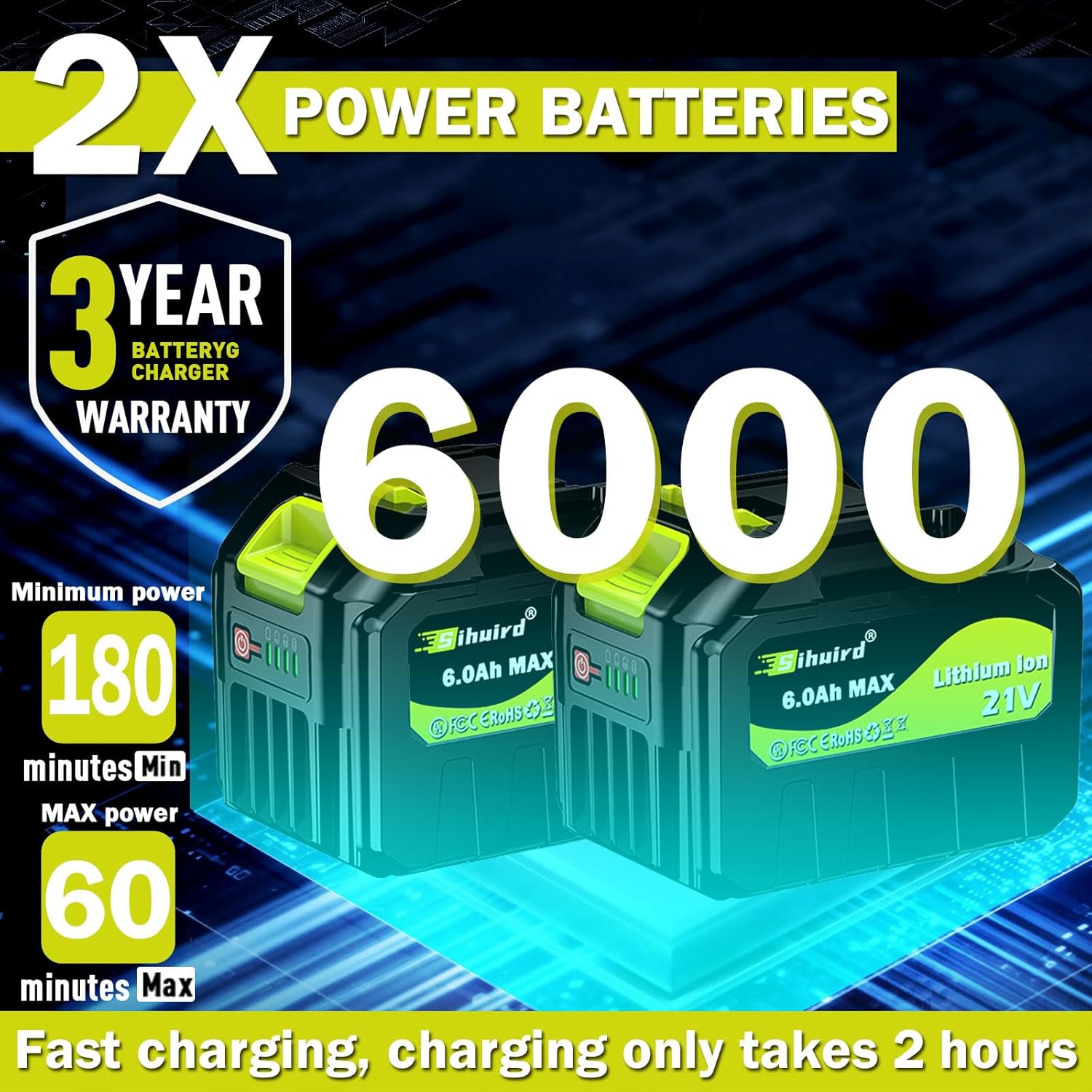 Leaf Blower Cordless,2 x 21V 6.0Ah Battery and Charger, 650CFM Electric Cordless Leaf Blower, 3-Variable Speed & Turbo Mode, Blowers for Lawn Care