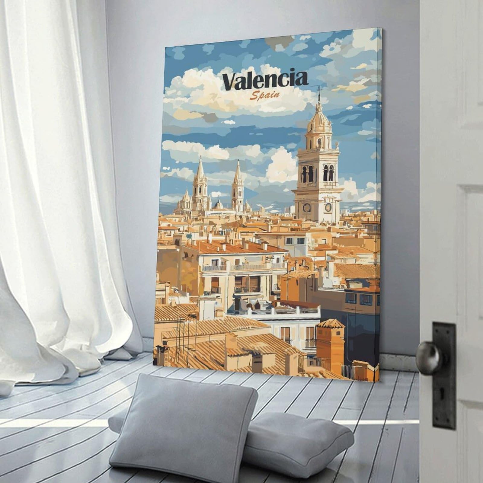 Junmoney Canvas Art Print Valencia Cityscape, 24x36inch(60x90cm), for Home Office, Desk Area Or Studio, Wall Art That Adds Style to Work Areas